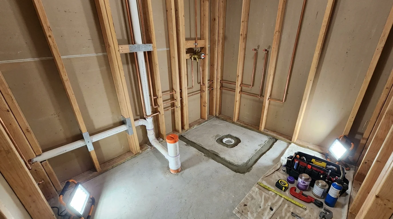 Bathroom rough-in plumbing during remodel by Johns Plumbing LLC in Early