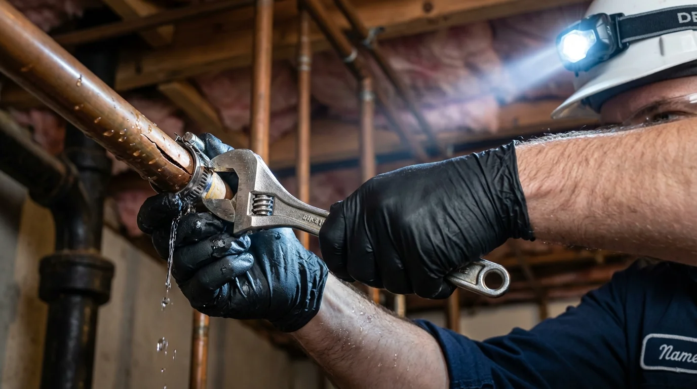 Emergency pipe clamp repair being performed by a Johns Plumbing LLC plumber in Early