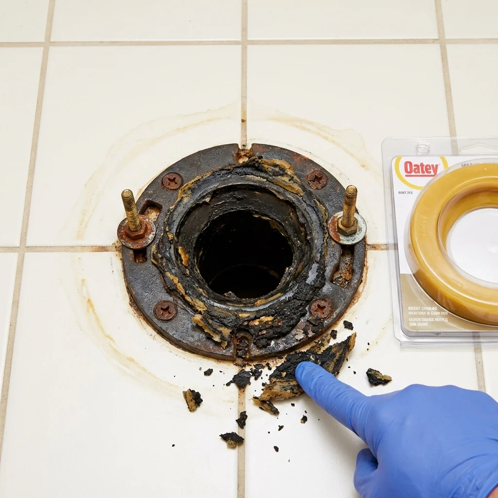 Failed wax ring showing water seepage at the base of a toilet in a Early, TX home